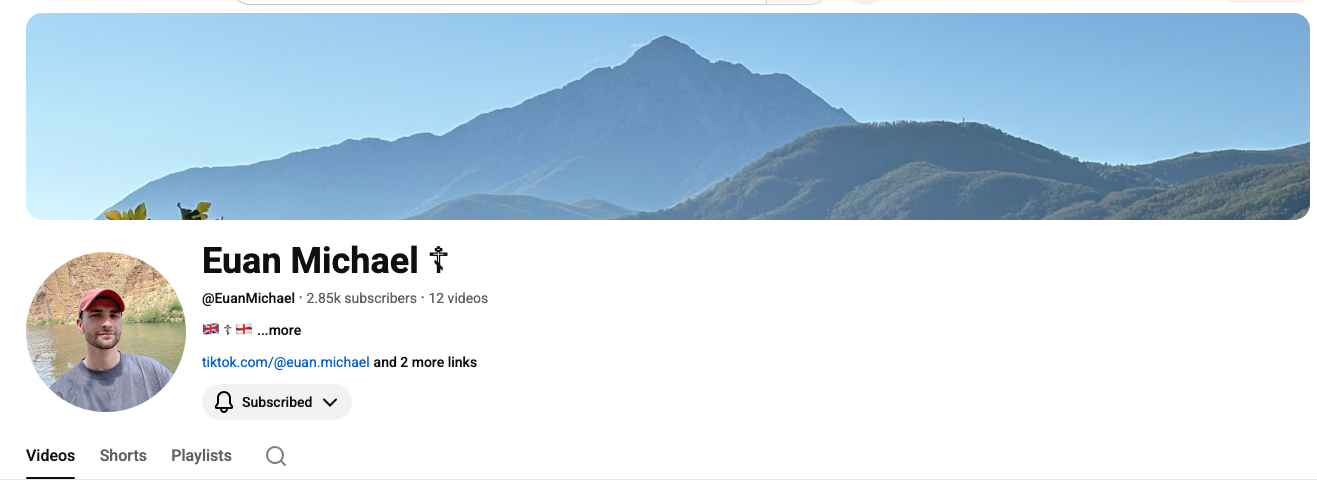 Screenshot of Euan Michael's YouTube channel home page